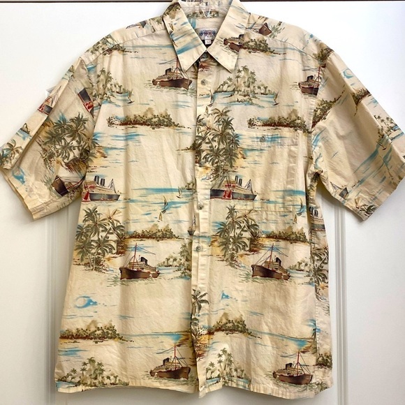 Hawaiian Button Down vintage Shirt Mens L ships sailboats Cotton Vacation Beach - Picture 1 of 8